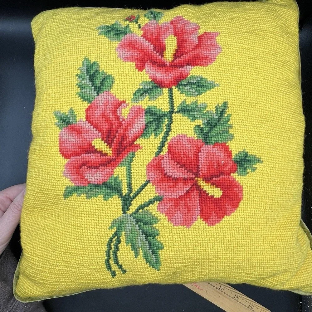 VTG Floral Tapestry Pillow Yellow w/ Bright flowers Needlepoint 15x15 Velvet Bck